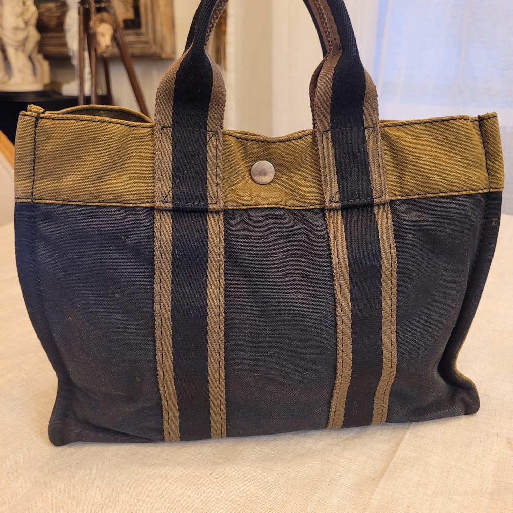 Hermes Vintage Black Camo Green Canvas Tote Bag
